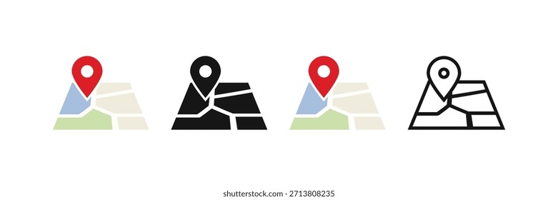 Fije la ubicación en el conjunto de iconos del mapa, con el marcador de navegación en el terreno segmentado. Incluye color, silueta negra y versiones de contorno. Vector ideal para GPS, bienes raíces, viajes y servicios de entrega