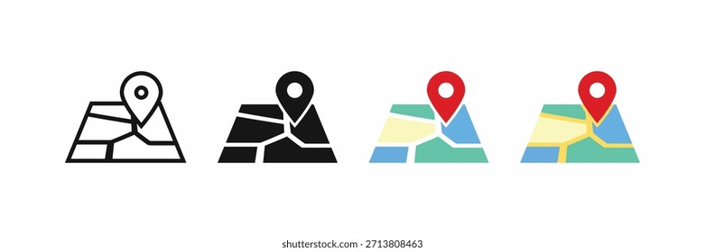 Fije la ubicación en el conjunto de iconos del mapa, con el marcador de navegación en el terreno segmentado. Incluye color, silueta negra y versiones de contorno. Vector ideal para GPS, bienes raíces, viajes y servicios de entrega