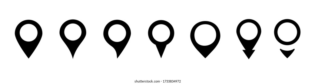 Pin location pointer. Vector isolated elements collection. Location isolated vector collection black pins. Location pointed symbol. EPS 10