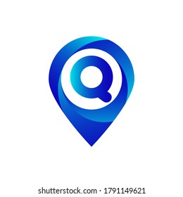 Pin location Q letter logo.Q letter location logo.Location, Map, Pin, Hotel Blue gradient logo with Q letter.Q letter logo 