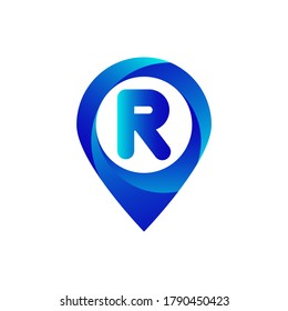 Pin location R letter logo.R letter location logo.Location, Map, Pin, Hotel Blue gradient logo with R letter.R letter logo 