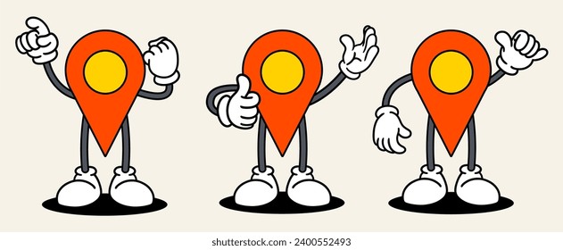 Pin location set mascot of 70s groovy. Collection of cartoon,retro, groovy characters. Vector illustration.