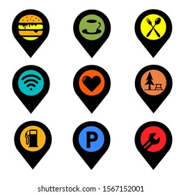 Pin Location with Set of symbols for urban areas icon vector 