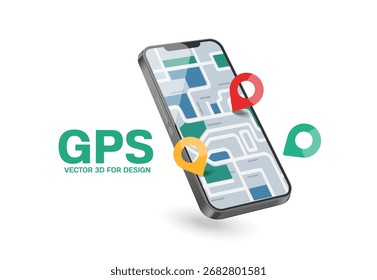 Fije la ubicación especificada en la aplicación de mapa GPS en su teléfono inteligente, ilustración 3d de Vector aislada en el fondo blanco para el diseño publicitario