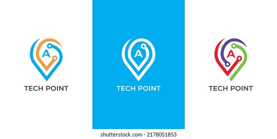 Pin Location Tech Logo Concept sign icon symbol Design with Letter A. Tech Point Logo Design. Vector illustration logo template