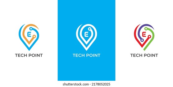 Pin Location Tech Logo Concept sign icon symbol Design with Letter E. Tech Point Logo Design. Vector illustration logo template