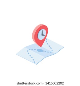 Pin location, time map marker GPS, pointer. Vector 3d isometric color icon new flat style. Creative illustration, idea for infographics.