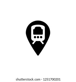 Pin location with train sign in the center, vector icon in solid/glyph black style