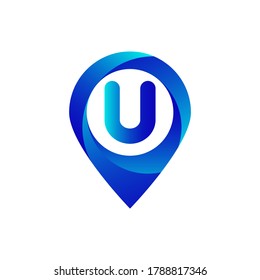 Pin location u letter logo.U letter location logo.Location, Map, Pin, Hotel Blue gradient logo with U letter.U letter logo 