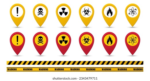Pin location warning signs Flammable, Atomic, Radioactive, Biohazard, Toxic, Danger. as well as a warning line