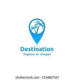 Pin or locator icon incorporated with palm tree and sun. Logo design related to tourism destination or travel agency