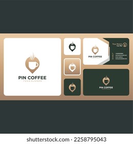 diseño de logotipo pin con café o café y tarjeta de visita