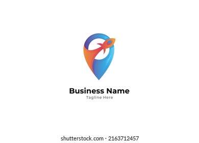 pin logo and flying rocket. 3d design style, modern, economical, cheerful and abstract. can be used for internet applications, directions, maps, advertising business.