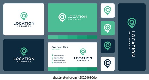 pin logo, location and initial letter q. business card design.