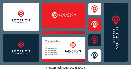 pin logo, location and initial letter P. business card design.