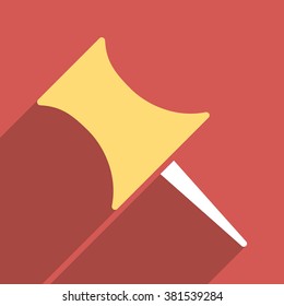 Pin long shadow vector icon. Style is a flat light symbol on a red square background.