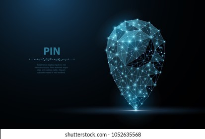 Pin. Low poly wireframe mesh looks like constellation on dark blue with dots and stars. Location, gps, marker symbol, illustration or background