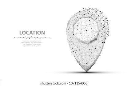 Pin. Low poly wireframe mesh isolated on white with dots and crumbled edge. Location, gps, marker symbol, illustration or background