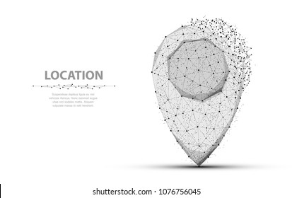 Pin. Low poly wireframe mesh isolated on white with dots and crumbled edge. Location, gps, marker symbol, illustration or background