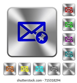 Pin mail engraved icons on rounded square glossy steel buttons