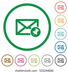 Pin mail flat color icons in round outlines