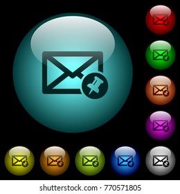 Pin mail icons in color illuminated spherical glass buttons on black background. Can be used to black or dark templates