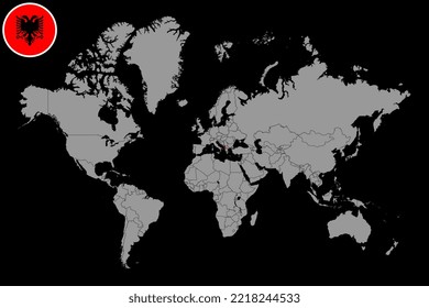 Mapa de pines con la bandera de Albania en el mapa del mundo.Ilustración vectorial.