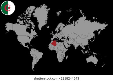 Pin map with Algeria flag on world map. Vector illustration.