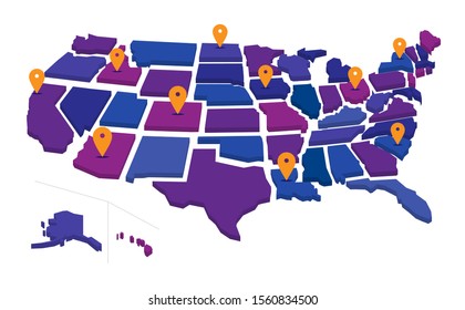 Pin Map der amerikanischen Staaten. Vektorgrafik einzeln auf weißem Hintergrund