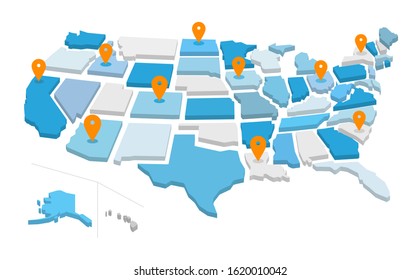 Pin map of the American states. Vector illustration isolated on white background