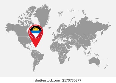 Pin-Karte mit Antigua und Barbuda-Flagge auf der Weltkarte. Vektorgrafik.