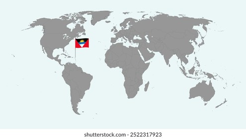 Mapa do pino com Antígua e Bandeira de Barbuda no mapa do mundo. Ilustração vetorial.