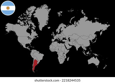 Pin map with Argentina flag on world map. Vector illustration.