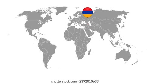 Pin map with Armenia flag on world map. Vector illustration.