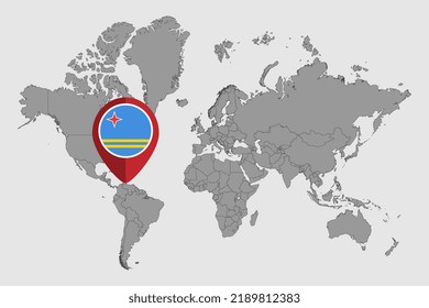 Pin map with Aruba flag on world map. Vector illustration.