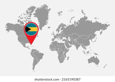 Pin map with Bahamas flag on world map. Vector illustration.