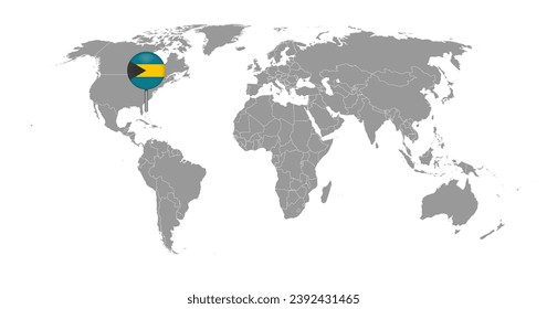 Mapa de pines con la bandera de las Bahamas en el mapa del mundo. Ilustración vectorial.