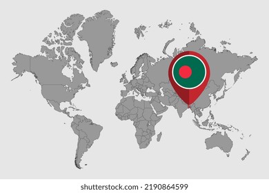 Pin map with Bangladesh flag on world map. Vector illustration.