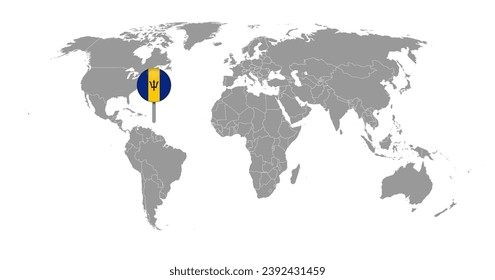 Mapa de pines con la bandera de Barbados en el mapa del mundo. Ilustración vectorial.