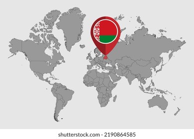 Mapa de pines con la bandera de Bielorrusia en el mapa mundial. Ilustración vectorial.