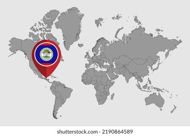 Pin map with Belize flag on world map. Vector illustration.