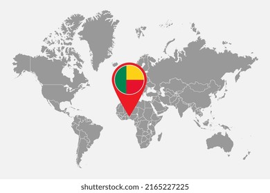 Pin map with Benin flag on world map. Vector illustration.