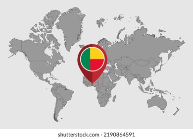 Pin-Karte mit Benin-Flagge auf der Weltkarte. Vektorgrafik.