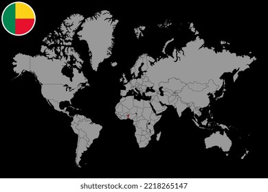 Mapa con la bandera de Benín en el mapa del mundo. Ilustración vectorial.