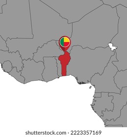 Pin map with Benin flag on world map. Vector illustration.