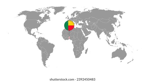 Pin map with Benin flag on world map. Vector illustration.