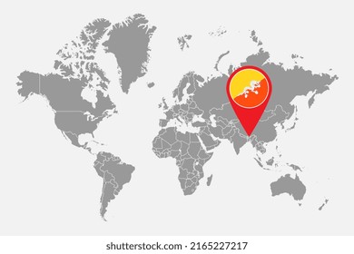 Mapa de pines con la bandera de Bután en el mapa del mundo. Ilustración vectorial.