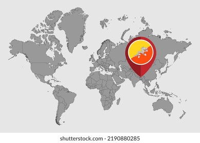 Pin map with Bhutan flag on world map. Vector illustration.