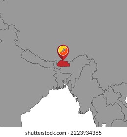 Pin map with Bhutan flag on world map. Vector illustration.