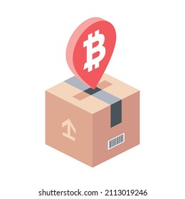 Pin map bitcoin, carton box packing. Vector 3d line isometric, color web icons, new flat style. Creative design idea for infographics.